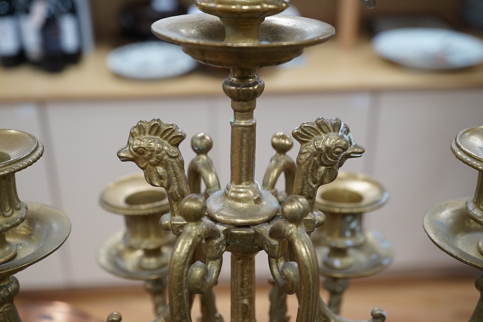 A bronze and marble three piece garniture, key, no pendulum, 69cm. Condition - good, not tested as working